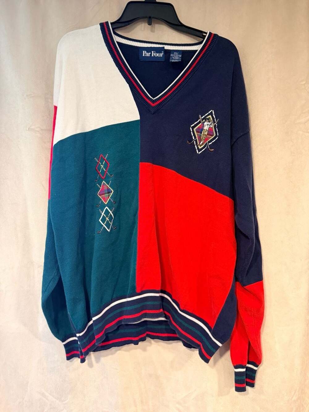 1990s Par Four Vintage Embroidered Colorblock V-Neck Golf Sweater Golfcore